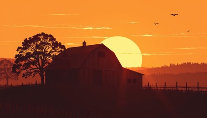 barndominium homes concept. Silhouette of a barn at sunset with a large sun and trees in the background.