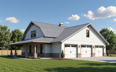 Obraz premium barndominium homes concept. Modern farmhouse with a spacious garage and landscaped lawn.