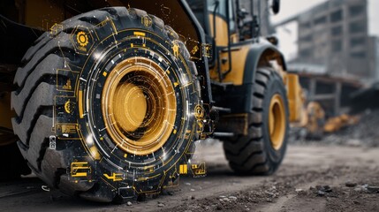 A large piece of heavy machinery stands on a construction site, featuring a high-tech digital interface surrounding its tire, merging traditional machinery with innovative technology in the sunlight