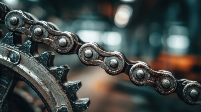 A detailed close-up showcases the intricate design of a vintage bicycle chain connecting to a gear. Soft daylight filters into the workshop, highlighting the metal's texture