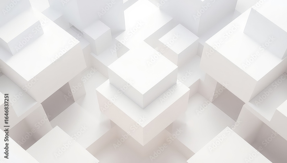 Poster abstract composition of interlocking white cubes with subtle shadows creating a clean and minimalist