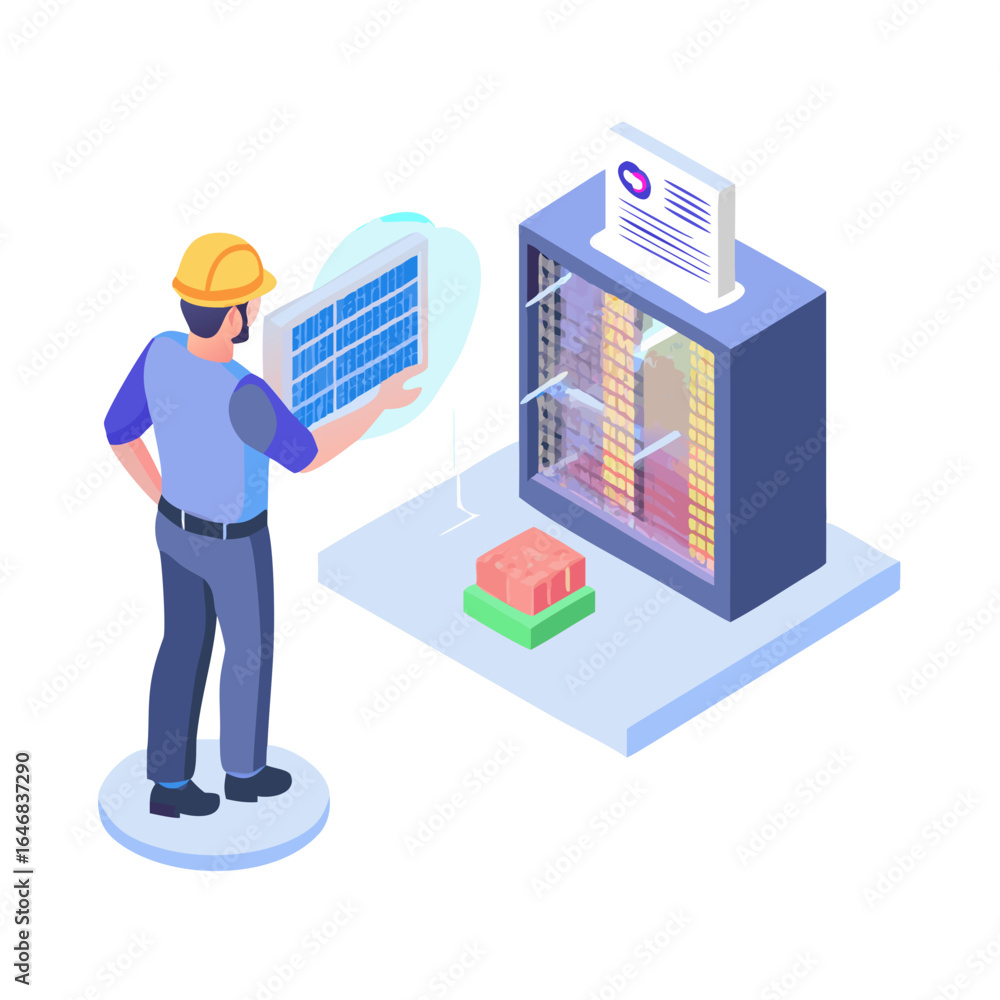 Aufkleber engineer installing a solar panel on a server isolated on white background