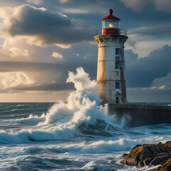 海岸に立つ古い灯台と荒々しい波が打ち寄せるシーン