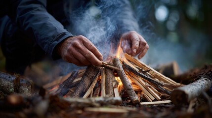 Fototapeta premium Two hands work diligently to arrange sticks and logs, creating a small fire in a wooded area as smoke rises under the dim light of dusk, embodying the spirit of outdoor adventure