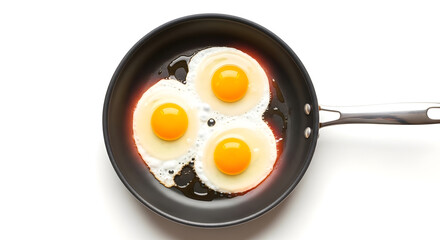Three Fried Eggs In A Dark Non Stick Frying Pan With A Stainless Steel Handle On A Transparent Background