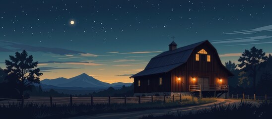 barndominium homes concept. Charming barn under a starry night sky with mountains in the background.