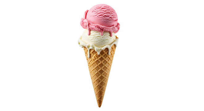 Double scoop ice cream cone strawberry and vanilla melting Waffle cone with dripping ice cream