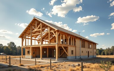 barndominium homes concept. Newly framed wooden building under a bright sky.