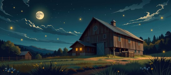 barndominium homes concept. A serene night scene featuring a rustic barn under a starry sky.