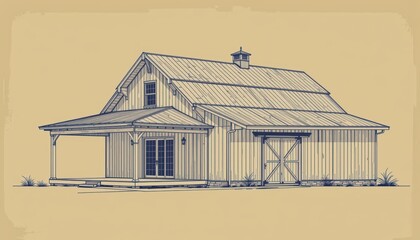barndominium homes concept. Illustration of a rustic barn with a sloped roof and porch.