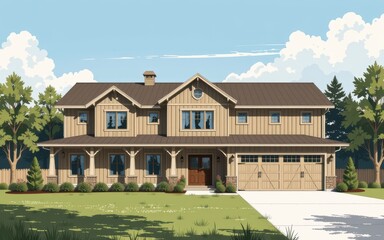 barndominium homes concept. Charming modern house with detailed architecture and lush surroundings.