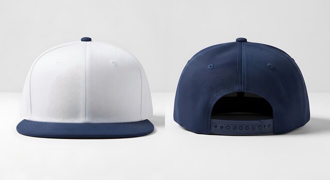 Front and back view of a blank two-tone snapback hat mockup. White and navy blue flat brim cap template for branding and design presentation.