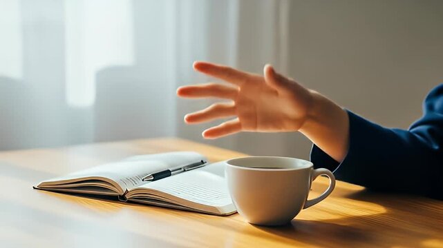 journaling at cafe hand explaining ideas with notebook and coffee cup