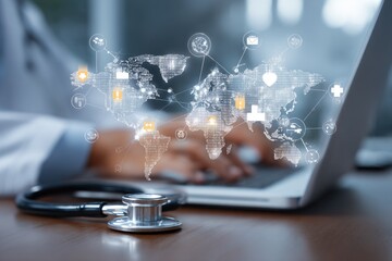 Doctor using laptop with global health icons