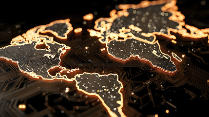 Global network connectivity illuminated by glowing circuitry, representing digital innovation and worldwide data flow with vibrant orange accents