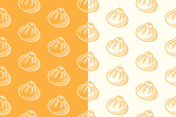 Baozi steamed bun line art seamless pattern on yellow white background. Chinese bun engraving doodle pattern background. Bao bun street food hatching motif wallpaper for packaging and merchandise