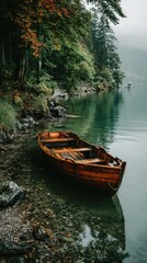 Wooden rowboat rests on a tranquil lake shore, nestled amongst autumnal foliage and mist