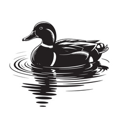 Black and White Vector Illustration of Duck Swimming in Water with Reflection