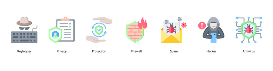 System Guard web banner icon vector illustration featuring Keylogger, Privacy, Protection, Firewall, Spam, Hacker, and Antivirus.
