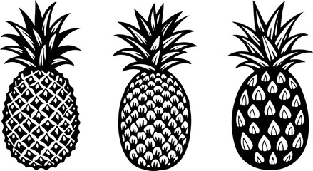 Obraz premium pineapple, fruit, tropical, silhouette, black and white, white, vector fruit, vector bundle
