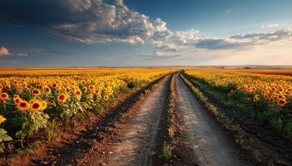 Naklejka premium Sunflowers field road at sunset
