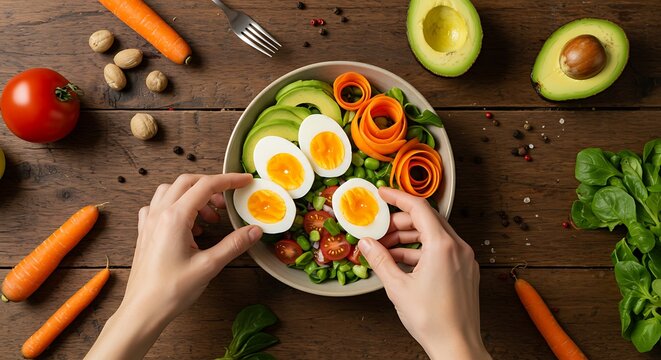 Egg Avocado Salad Preparation with Carrots and Tomatoes
