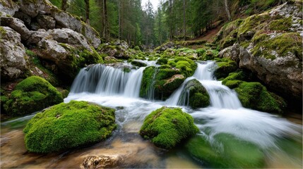 Serene Waterscape: A cascading waterfall flows gracefully over moss-covered rocks, surrounded by lush greenery and a tranquil atmosphere that evokes a sense of peace and serenity.
