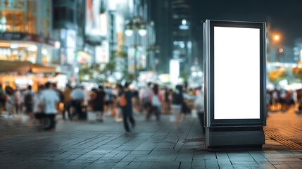 Obraz premium Illuminated Billboard Mockup Against Blurred Cityscape at Night with Pedestrians