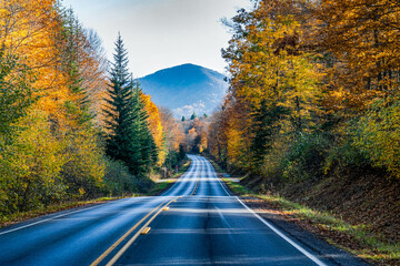 Straight Road Through Autumn Forest with Vibrant Orange, Yellow, and Green Foliage &ndash; Double Yellow Line and Mountain in Background, Serene Fall Landscape with Scenic Tree-Lined Path