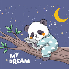 Cartoon panda in cloud pajamas sleeping on branch under night sky
