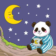 Cartoon panda in pajamas holding pillow sitting on tree under moon
