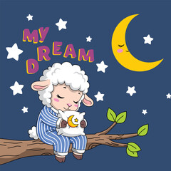 Cartoon sheep in pajamas sleeping on branch under moon and stars
