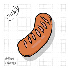 Flat cartoon illustration of grilled sausage in color and black and white on white background