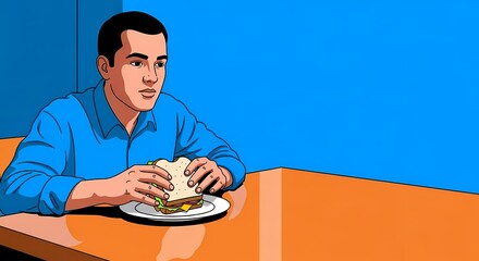 Man Contemplating Sandwich at Table with Blue Background for Food Blogs, Dining Websites, Nutrition Content, and Social Media Food Posts  