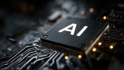 Close-up circuit board, AI chip, glowing traces