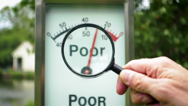 Close Up of Hand Holding Magnifying Glass Over Poor Gauge on Blurred Background