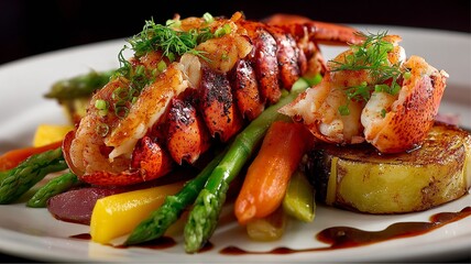Exquisite lobster tail dish with fresh vegetables and a potato medallion