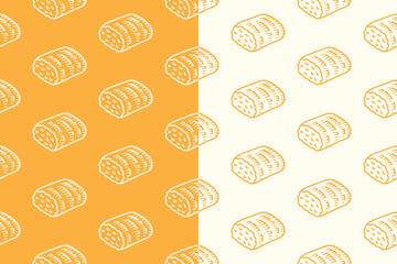Lumpia spring roll line art seamless pattern on yellow white background. Asian food egg roll engraving doodle pattern background. Crispy lumpia snack hatching motif wallpaper for merchandise