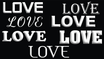 3D Glossy White Color LOVE Letter Valentines Set On Black Background
