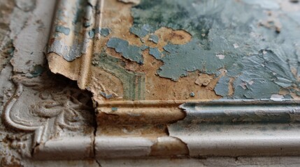 Peeling Paint and Architectural Details: An up-close perspective shows the textured deterioration of old paint on a wall, revealing layers of color and delicate architectural ornamentation.