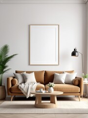 Modern minimalist living room with blank frame and cozy sofa home interior