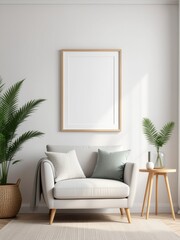 Minimalist living room interior with cozy armchair and blank picture frame