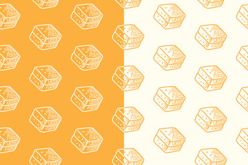 Tofu cube vegetarian food line art seamless pattern on yellow white background. Soy tofu healthy snack engraving doodle pattern background. Asian cuisine hatching motif wallpaper. Vector Illustration