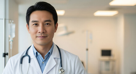 Chinese Male Doctor In A White Coat With Stethoscope Standing Confidently With Arms Crossed In A Realistic Medical Portrait JPG