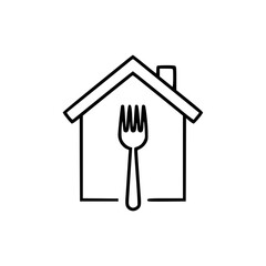 House outline icon with fork symbolizing home dining concept, medium line  