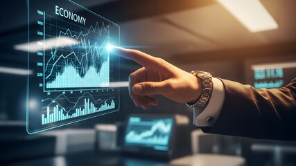 Businessman interacting with a futuristic economy chart
