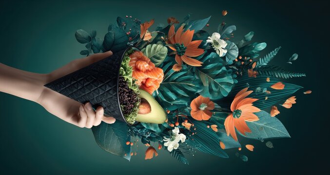 Hand holding a sushi cone amidst vibrant flowers and foliage