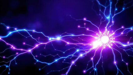 A vibrant display of electric energy with glowing purple and blue tendrils on a dark background