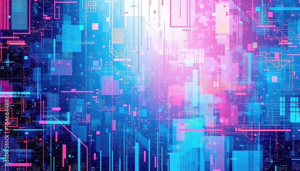 Aufkleber abstract cyberpunk network of interconnected digital data stream, creating an intricate and glowing 