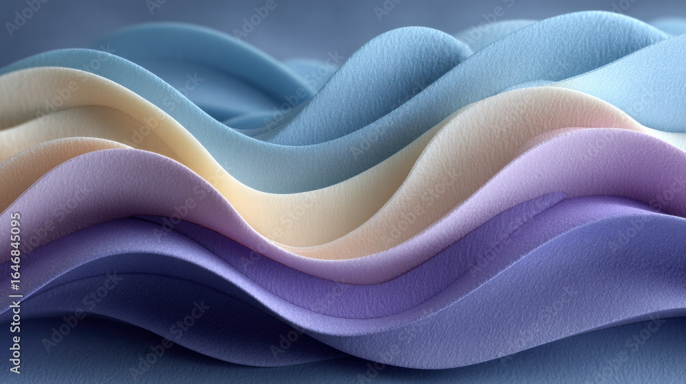 Poster soft wavy lines in pastel colors create abstract pattern, evoking sense of calm and tranquility. smo